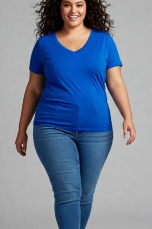 V-Hals Basic Kortemouw T-Shirt - Blauw