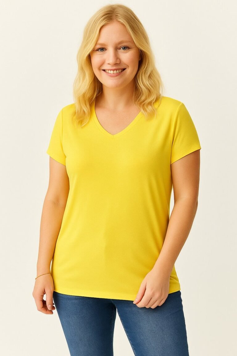 V-Hals Basic Kortemouw T-Shirt – Geel in grote maten L t/m 6XL
