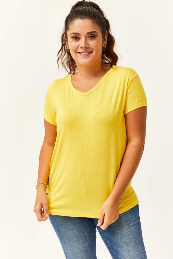 V-Hals Basic Kortemouw T-Shirt - Geel - Afbeelding 2