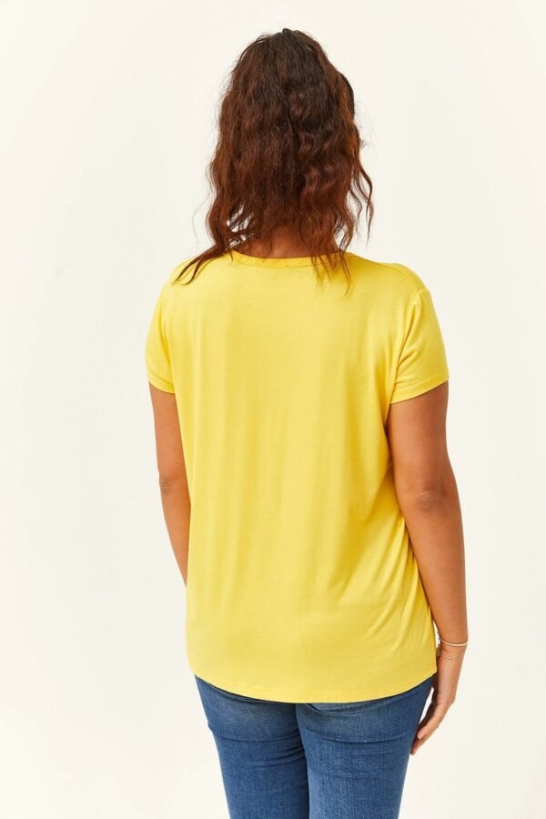 V-Hals Basic Kortemouw T-Shirt - Geel - Afbeelding 3