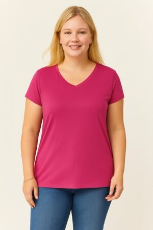 V-Hals Basic Kortemouw T-Shirt - Fuchsia
