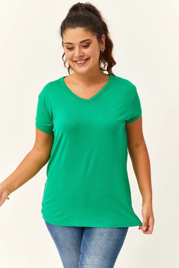V-Hals Basic Kortemouw T-Shirt - Groen - Afbeelding 2