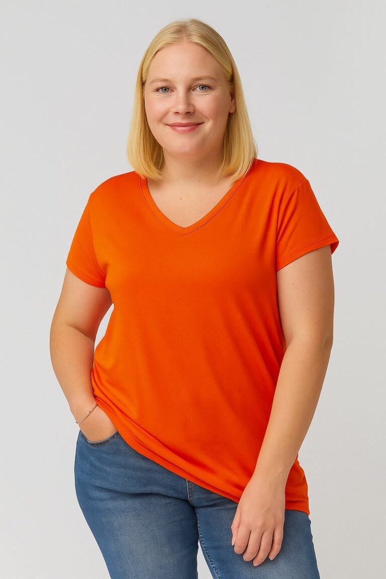 V-Hals Basic Kortemouw T-Shirt – Oranje in grote maten L t/m 6XL