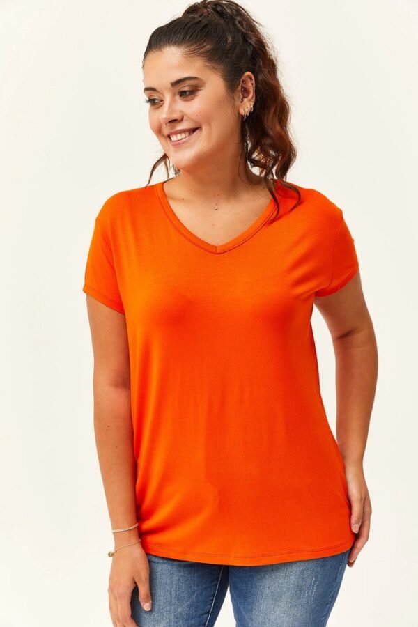 V-Hals Basic Kortemouw T-Shirt - Oranje - Afbeelding 2