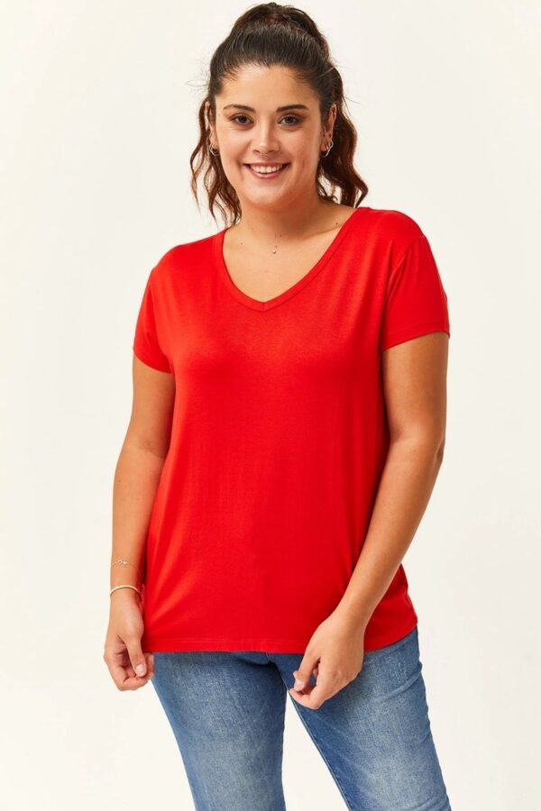 V-Hals Basic Kortemouw T-Shirt - Rood - Afbeelding 2