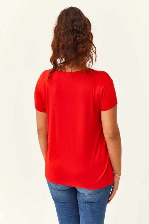 V-Hals Basic Kortemouw T-Shirt - Rood - Afbeelding 4