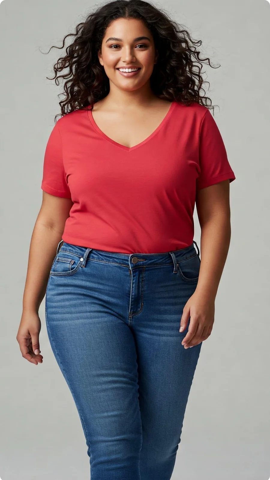 Vrouw in rood V-hals T-shirt van 60 Pines